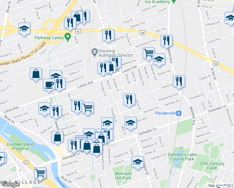 map of restaurants, bars, coffee shops, grocery stores, and more near 140 Main Street in Garfield