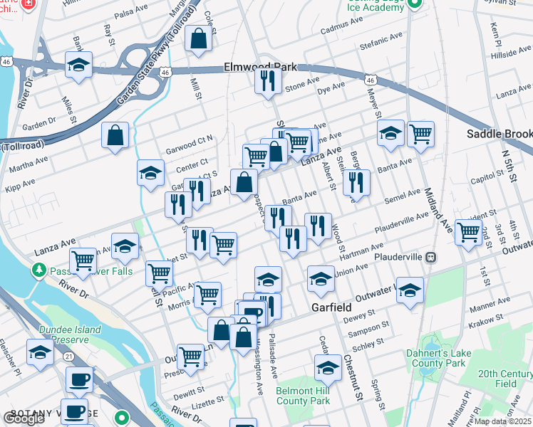 map of restaurants, bars, coffee shops, grocery stores, and more near 140 Main Street in Garfield