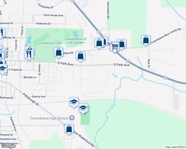 map of restaurants, bars, coffee shops, grocery stores, and more near 771 East Park Avenue in Columbiana