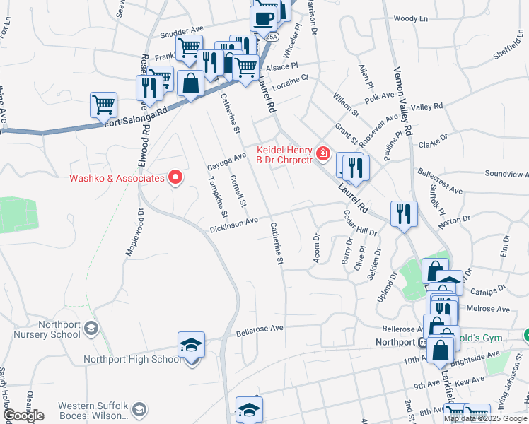 map of restaurants, bars, coffee shops, grocery stores, and more near 105 Catherine Street in East Northport