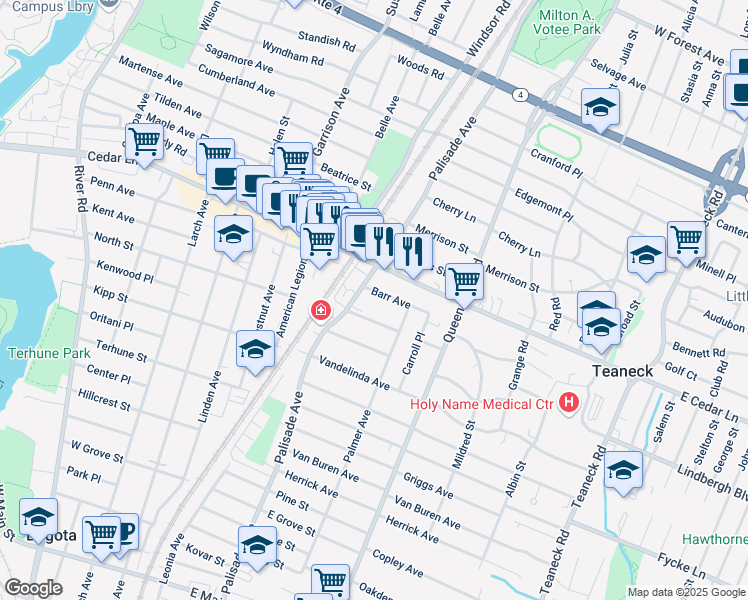 map of restaurants, bars, coffee shops, grocery stores, and more near 340 Barr Avenue in Teaneck