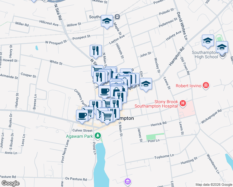 map of restaurants, bars, coffee shops, grocery stores, and more near 24 New York 27A in Southampton