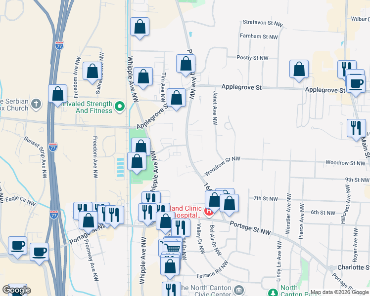map of restaurants, bars, coffee shops, grocery stores, and more near 1034 Pittsburg Avenue Northwest in North Canton