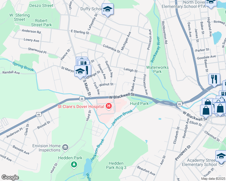 map of restaurants, bars, coffee shops, grocery stores, and more near 4 North Elk Avenue in Dover