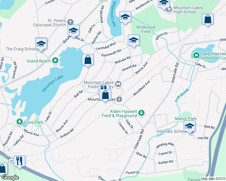 map of restaurants, bars, coffee shops, grocery stores, and more near 236 Morris Avenue in Mountain Lakes