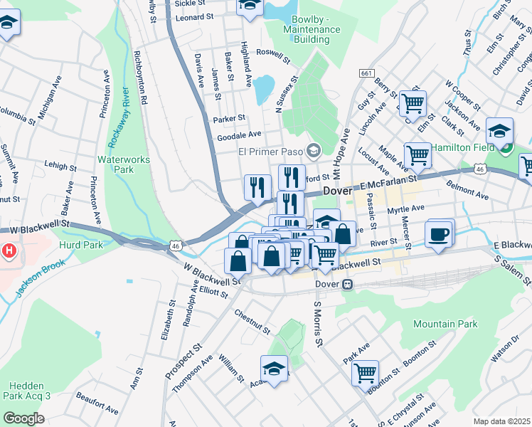 map of restaurants, bars, coffee shops, grocery stores, and more near 31 West Clinton Street in Dover