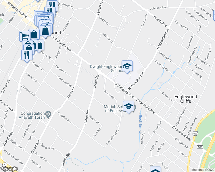 map of restaurants, bars, coffee shops, grocery stores, and more near 47 Beech Road in Englewood