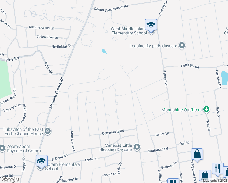 map of restaurants, bars, coffee shops, grocery stores, and more near 34 Forest Lane in Coram