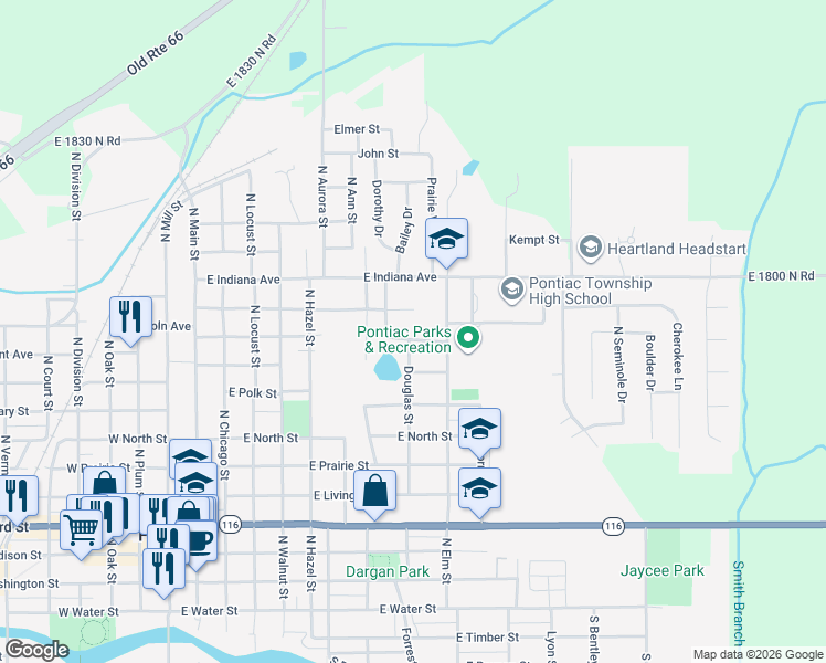 map of restaurants, bars, coffee shops, grocery stores, and more near 709 East Meade Street in Pontiac
