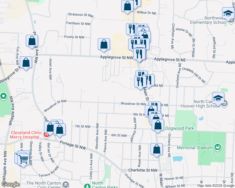 map of restaurants, bars, coffee shops, grocery stores, and more near 1030 Pierce Ave NW in North Canton