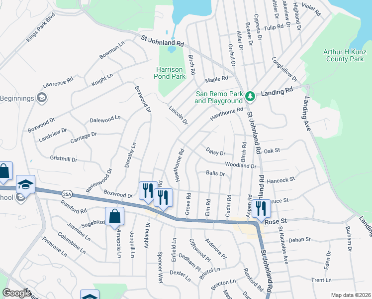 map of restaurants, bars, coffee shops, grocery stores, and more near 77 Hawthorne Road in Kings Park