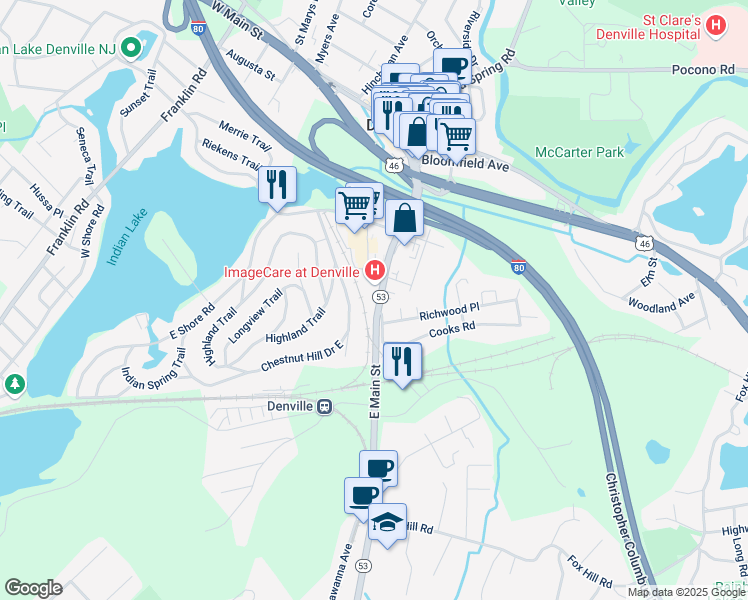 map of restaurants, bars, coffee shops, grocery stores, and more near 170 New Jersey 53 in Denville