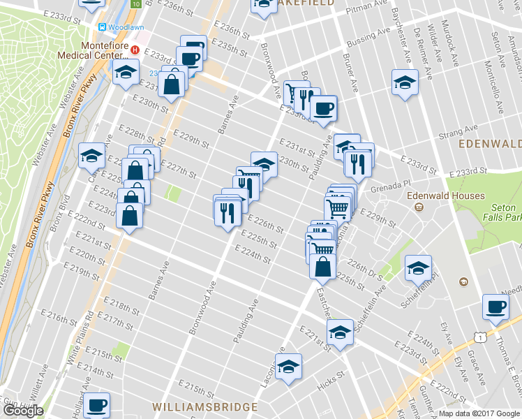 map of restaurants, bars, coffee shops, grocery stores, and more near 920 East 227th Street in Bronx