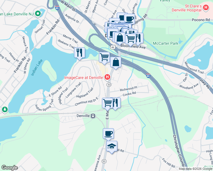 map of restaurants, bars, coffee shops, grocery stores, and more near 165 East Main Street in Denville
