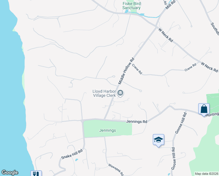 map of restaurants, bars, coffee shops, grocery stores, and more near 2 East Gate Road in Lloyd Harbor