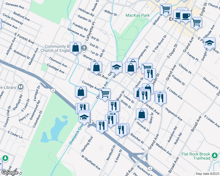 map of restaurants, bars, coffee shops, grocery stores, and more near 280-318 Humphrey Street in Englewood