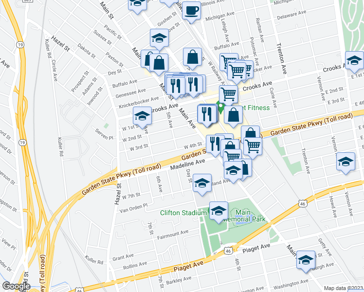 map of restaurants, bars, coffee shops, grocery stores, and more near 134 West 4th Street in Clifton