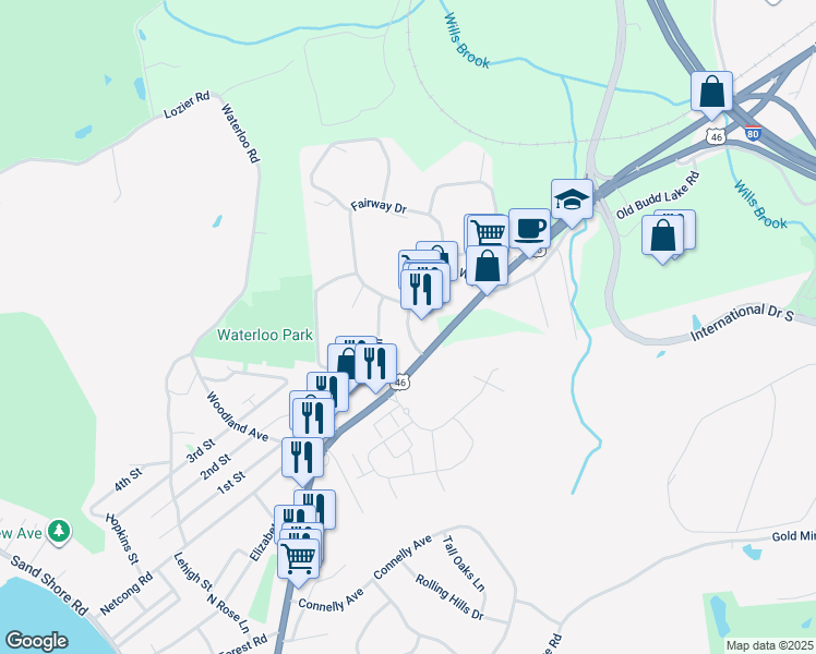 map of restaurants, bars, coffee shops, grocery stores, and more near 79 Village Way in Mount Olive Township