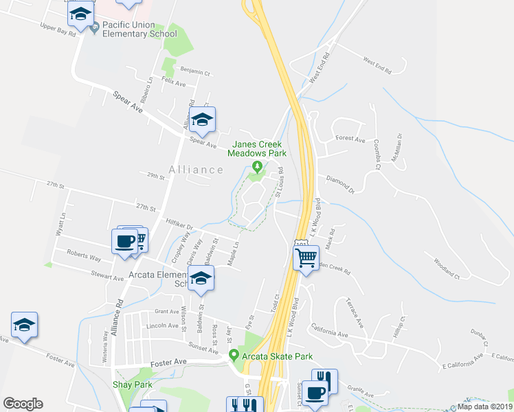 map of restaurants, bars, coffee shops, grocery stores, and more near 2745 Meadow Creek Way in Arcata