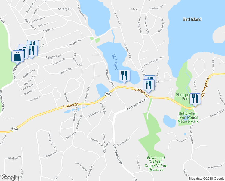 map of restaurants, bars, coffee shops, grocery stores, and more near 429 East Main Street in Centerport
