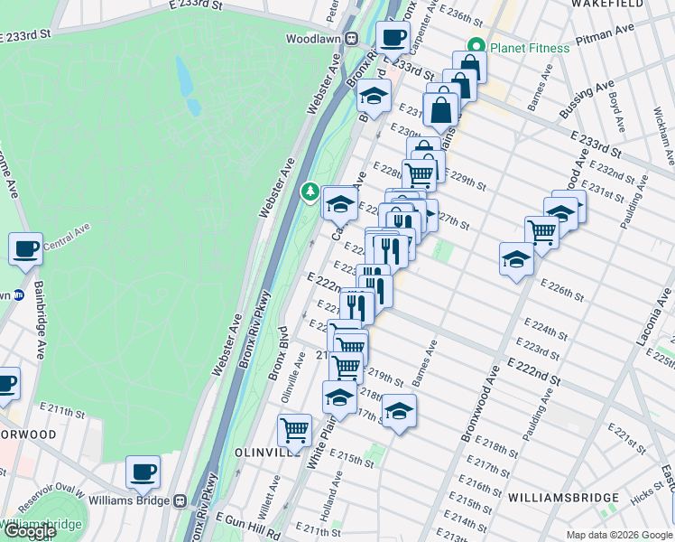 map of restaurants, bars, coffee shops, grocery stores, and more near 649 East 223rd Street in The Bronx
