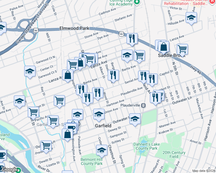 map of restaurants, bars, coffee shops, grocery stores, and more near 321 Semel Avenue in Garfield