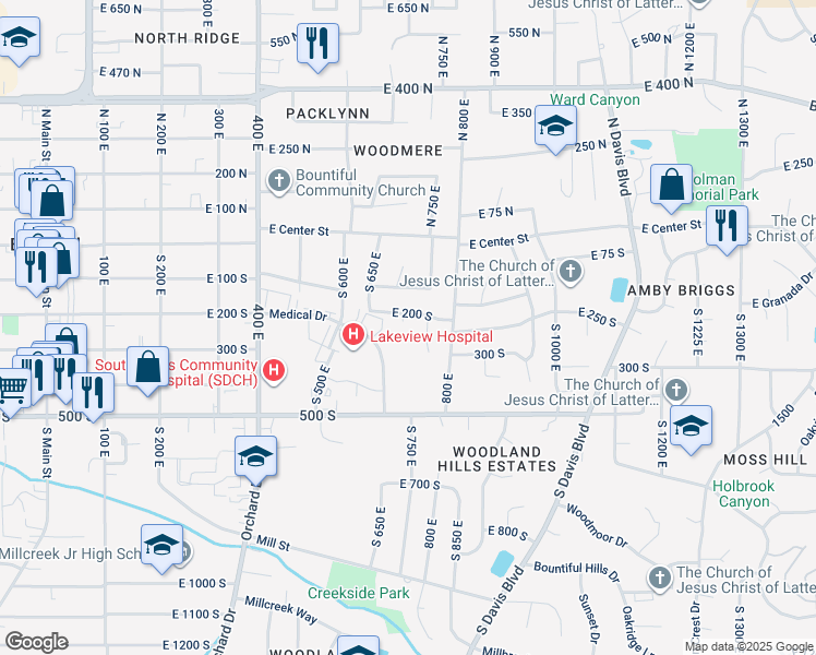 map of restaurants, bars, coffee shops, grocery stores, and more near 718 East 200 South in Bountiful