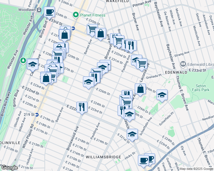 map of restaurants, bars, coffee shops, grocery stores, and more near 937 East 227th Street in Bronx