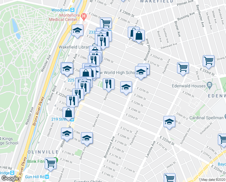 map of restaurants, bars, coffee shops, grocery stores, and more near in The Bronx