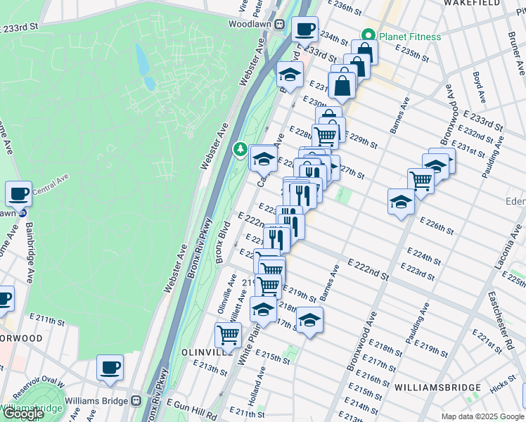 map of restaurants, bars, coffee shops, grocery stores, and more near 649 East 223rd Street in Bronx