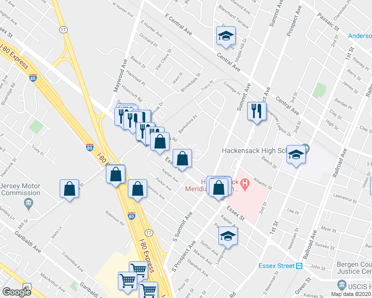 map of restaurants, bars, coffee shops, grocery stores, and more near 30 Arcadia Road in Hackensack