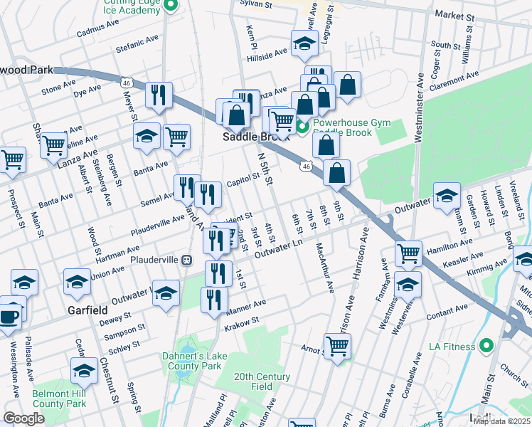 map of restaurants, bars, coffee shops, grocery stores, and more near 351 President Street in Saddle Brook