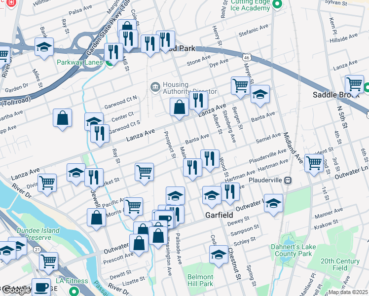 map of restaurants, bars, coffee shops, grocery stores, and more near 140 Main Street in Garfield