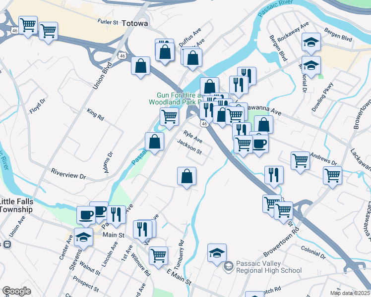 map of restaurants, bars, coffee shops, grocery stores, and more near 23 Jackson Street in Little Falls