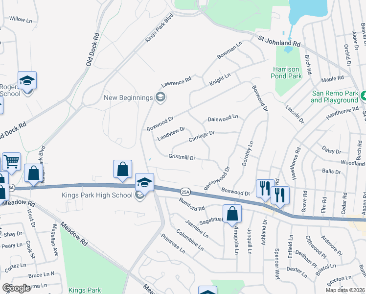 map of restaurants, bars, coffee shops, grocery stores, and more near 11 Carriage Drive in Kings Park