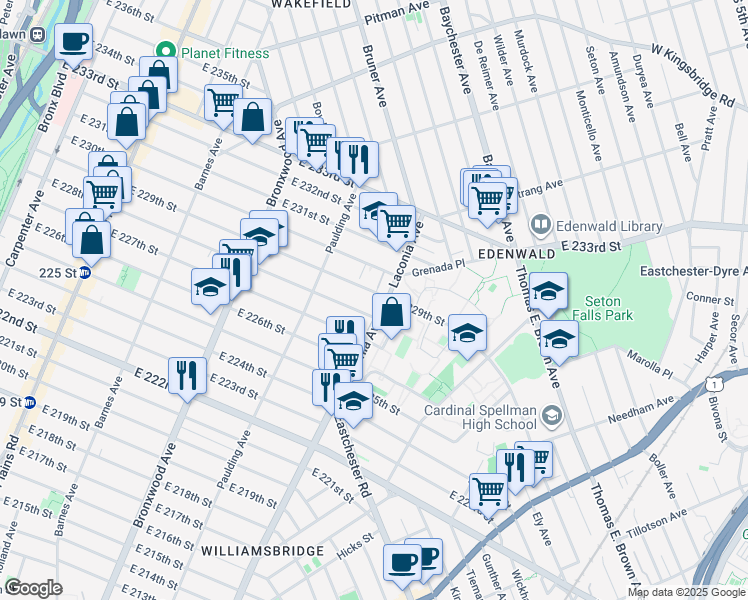 map of restaurants, bars, coffee shops, grocery stores, and more near 1072 East 229th Street in Bronx
