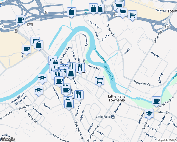 map of restaurants, bars, coffee shops, grocery stores, and more near 11 West End Avenue in Little Falls
