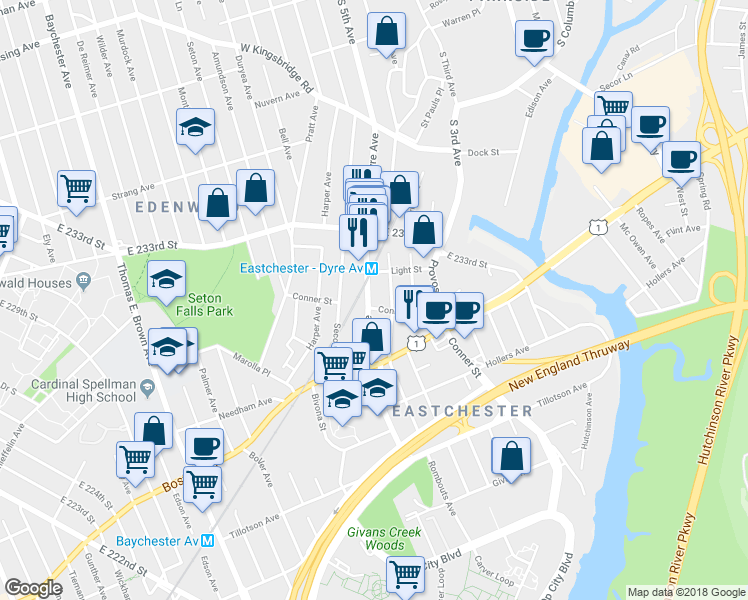 map of restaurants, bars, coffee shops, grocery stores, and more near 3708 Dyre Avenue in Bronx
