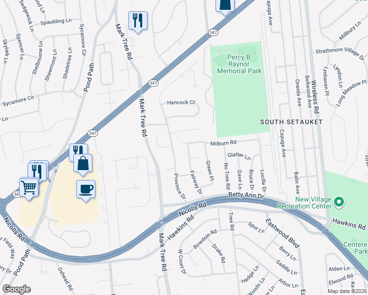 map of restaurants, bars, coffee shops, grocery stores, and more near 32 Milburn Road in Centereach