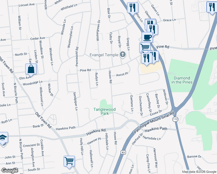 map of restaurants, bars, coffee shops, grocery stores, and more near 16 Howe Road in Coram