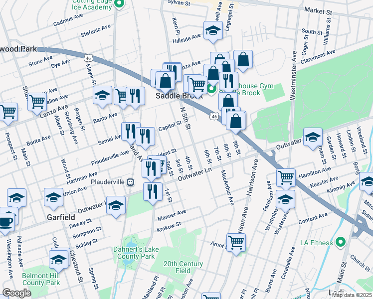 map of restaurants, bars, coffee shops, grocery stores, and more near 338 President Street in Saddle Brook