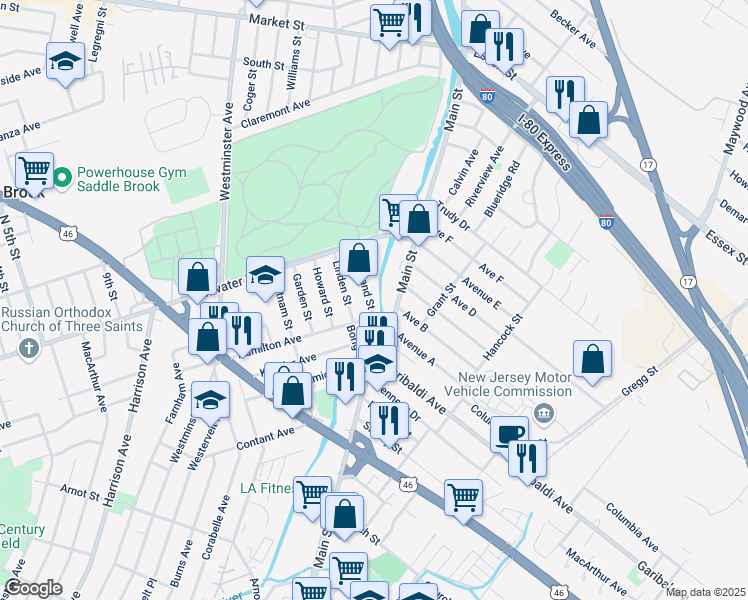 map of restaurants, bars, coffee shops, grocery stores, and more near 16 Vreeland Street in Lodi