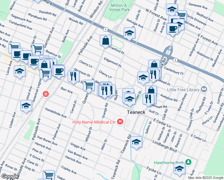 map of restaurants, bars, coffee shops, grocery stores, and more near 120 Merrison St in Teaneck