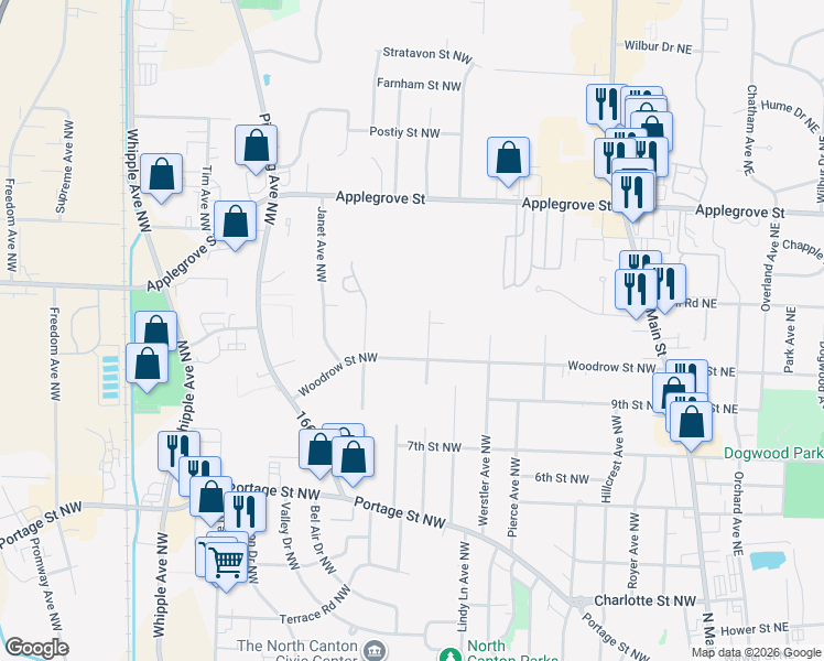 map of restaurants, bars, coffee shops, grocery stores, and more near 1031 Browning Avenue Northwest in North Canton