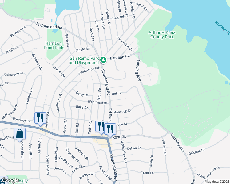 map of restaurants, bars, coffee shops, grocery stores, and more near 27 Oak Street in Kings Park