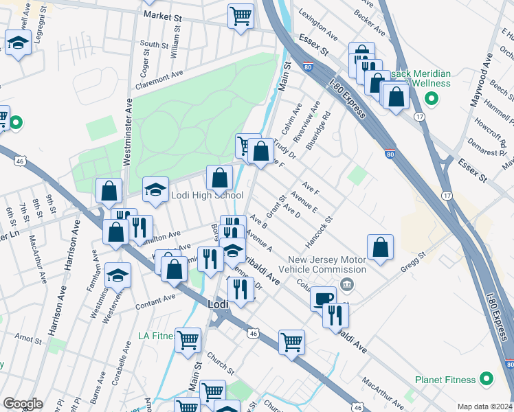 map of restaurants, bars, coffee shops, grocery stores, and more near 16 Avenue C in Lodi