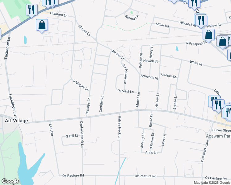 map of restaurants, bars, coffee shops, grocery stores, and more near 80 Harvest Lane in Southampton