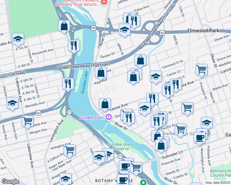 map of restaurants, bars, coffee shops, grocery stores, and more near 12 Wisteria Lane in Garfield