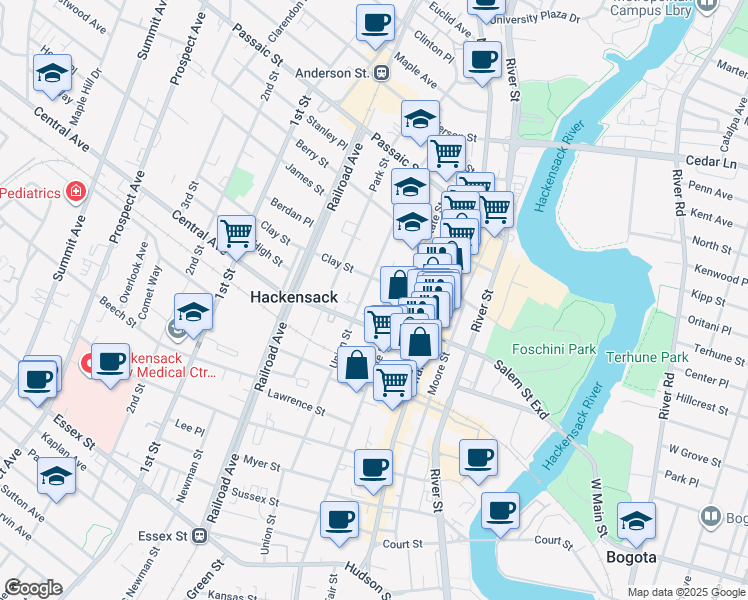 map of restaurants, bars, coffee shops, grocery stores, and more near 274 Union Street in Hackensack