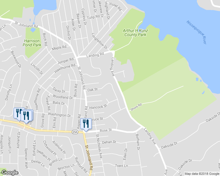 map of restaurants, bars, coffee shops, grocery stores, and more near 44 Oak Street in Smithtown